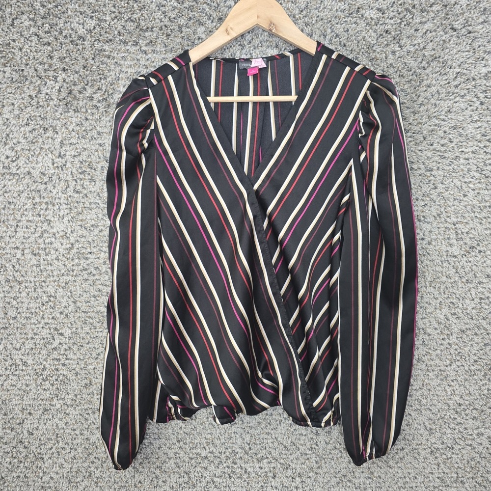 Vince‎ Camuto Top Womens Large Black Striped Surplice Neck Blouse Casual Ladies